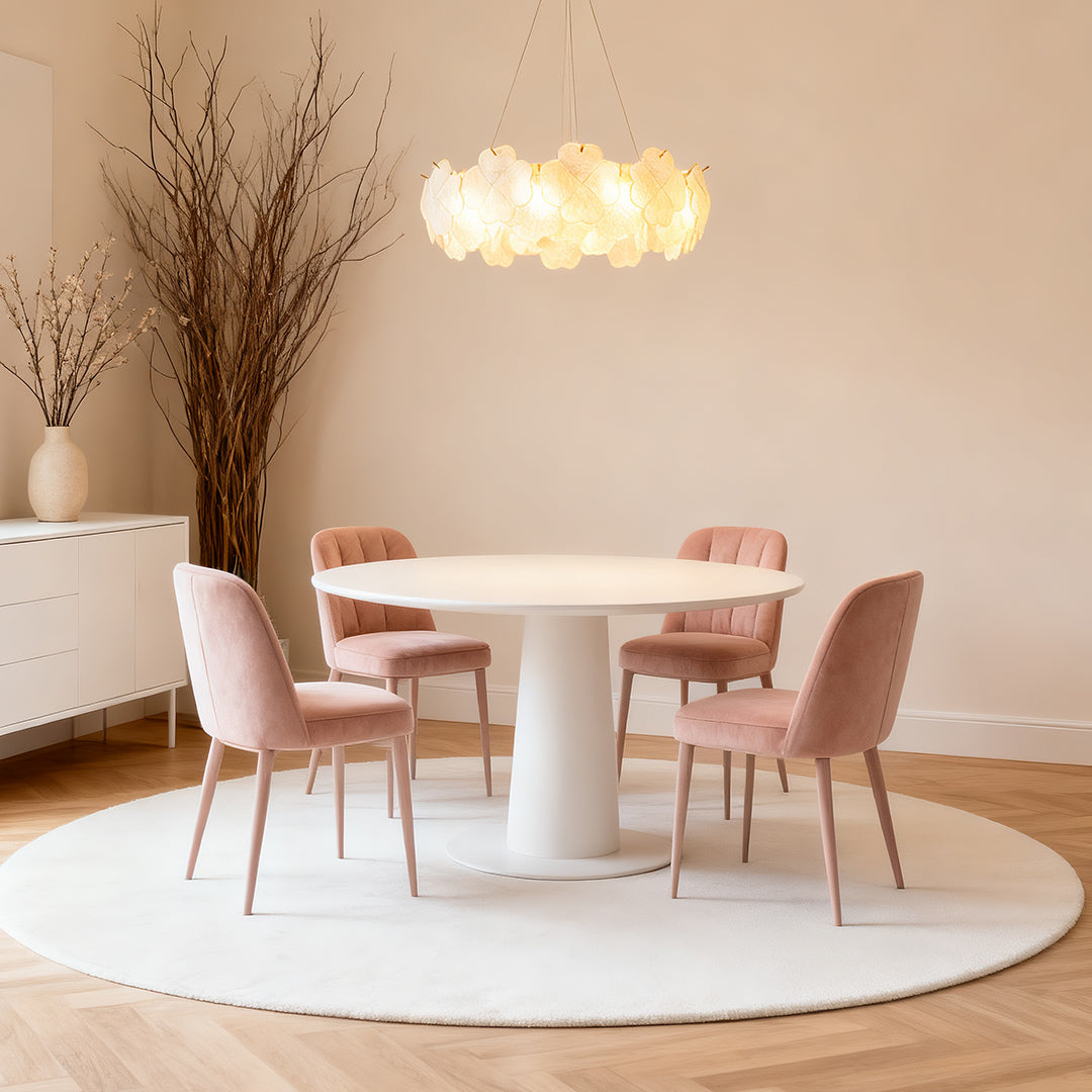Artistic glass chandelier hanging in an elegant home