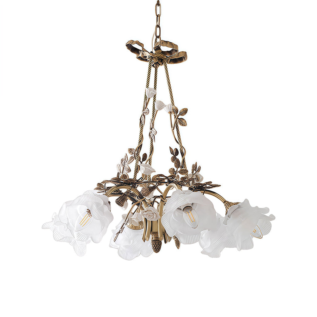Vine-like brass arms with white flower shaped shades