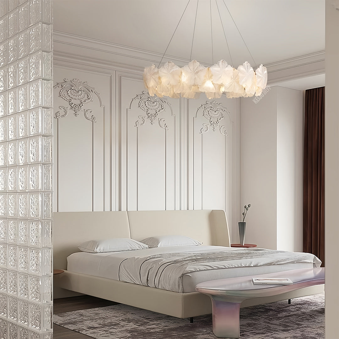 Glass garland chandelier in a luxury bedroom interior