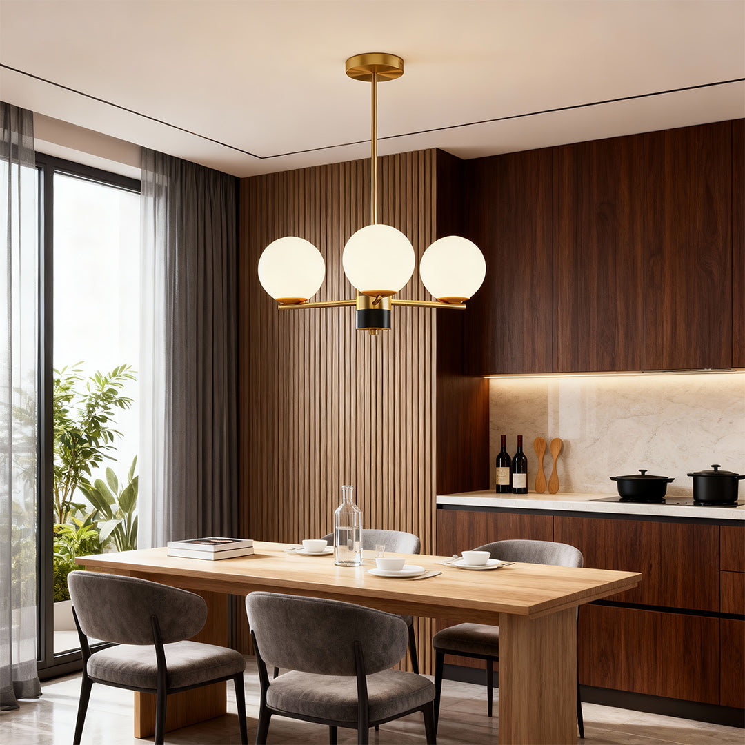 Sculptural chandelier in a dining room with wood panelling