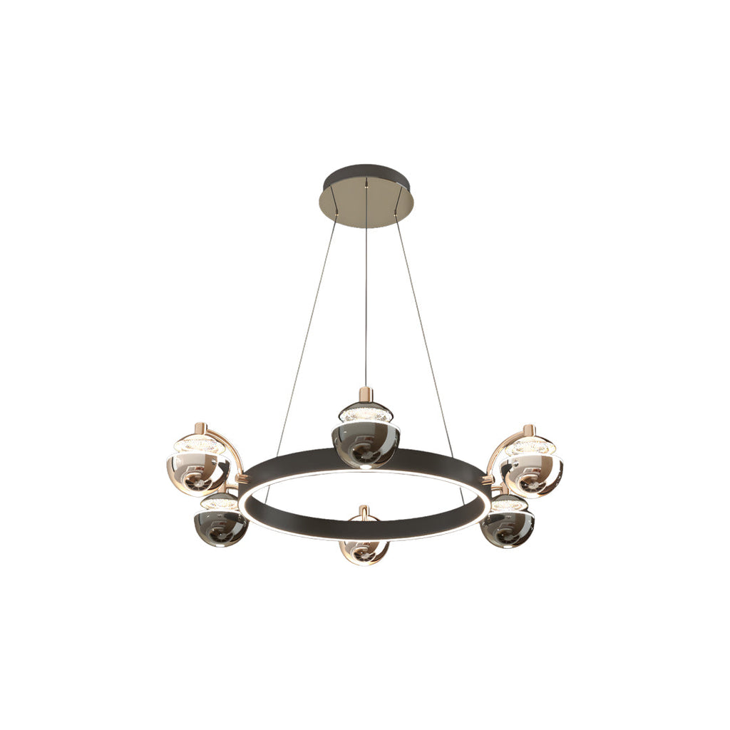 Circular ring hung with smoked glass globes