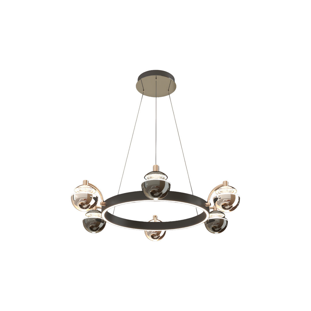 Circular ring hung with smoked glass globes