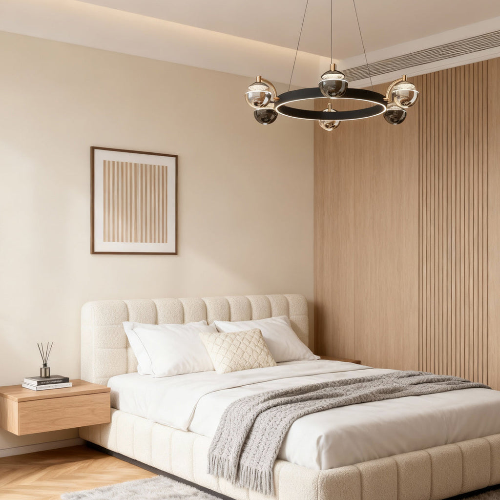 Black and gold chandelier in a serene neutral bedroom