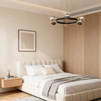 Black and gold chandelier in a serene neutral bedroom