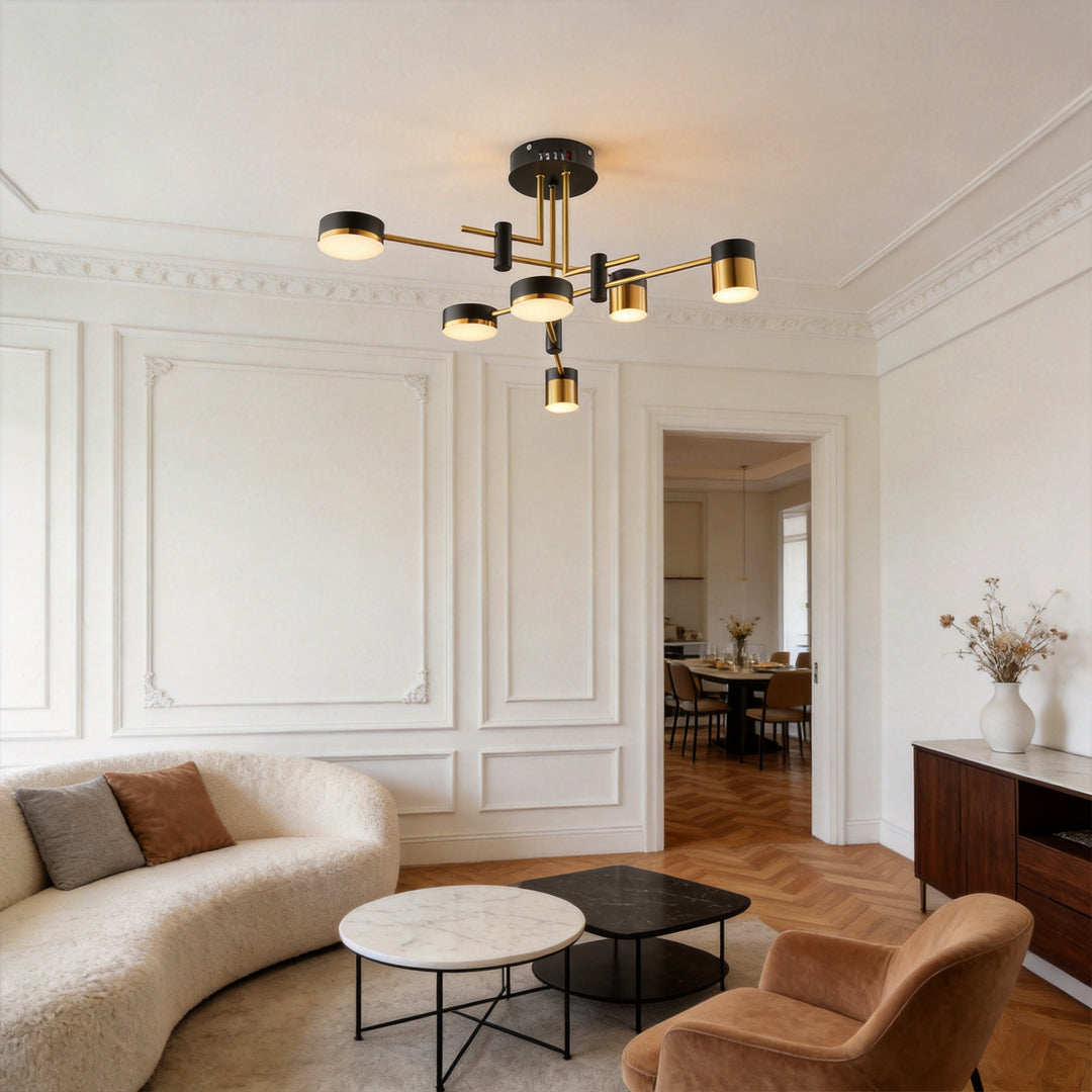 Sputnik Ceiling Light, Black and Gold Geometric LED Fixture for Living Room, Dimmable