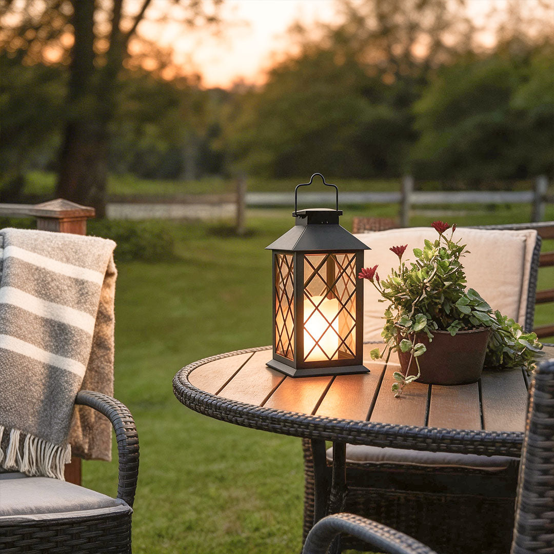 Portable Solar Candlestick Lantern, Industrial Black LED Outdoor Table Lamp for Patios and Balconies, Warm White Glow