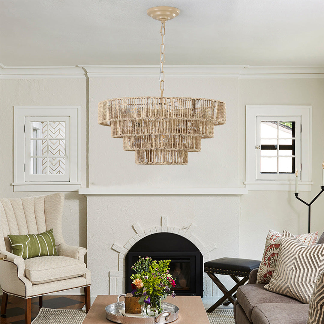 Japanese Chandelier, Iron and Jute Rope Zen Ceiling Light for Dining Room, 6 or 8 Lights