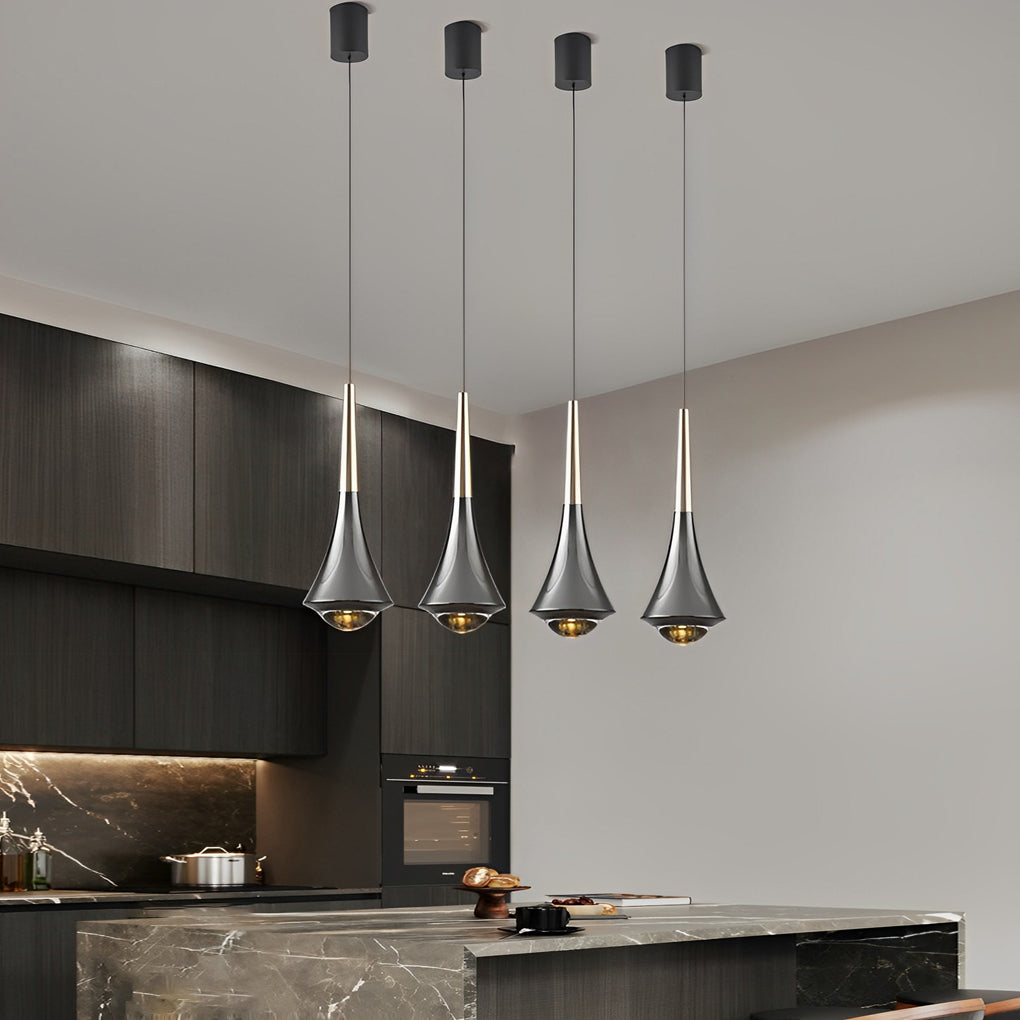 Cluster of black cone pendant lights in a kitchen