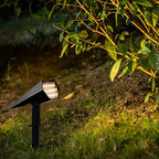Black spike spotlight among grass and plants at night
