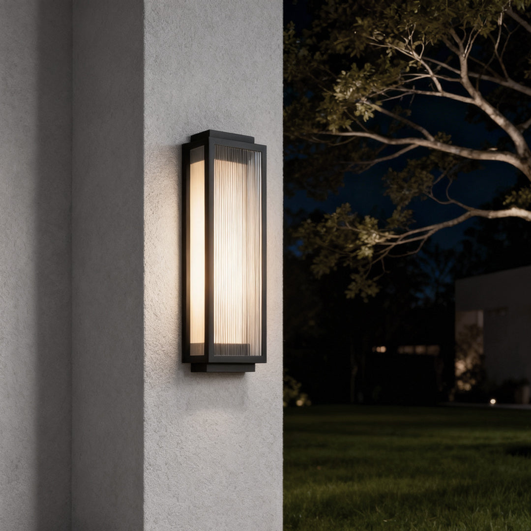 Reeded Glass Wall Light, Rectangular Stainless Steel LED Sconce for Modern Exteriors and Entrances, IP55 in Four Heights