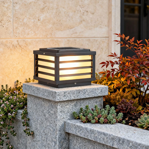 Black Gate Pillar Light, Square Grid LED Post Cap Lantern for Fences and Driveway Columns, Solar or Hardwired Power