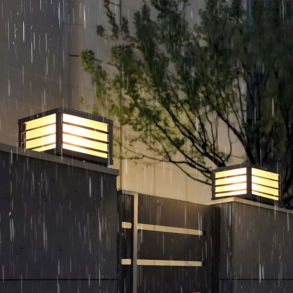 Black grid pillar light in rainy weather showing its durability