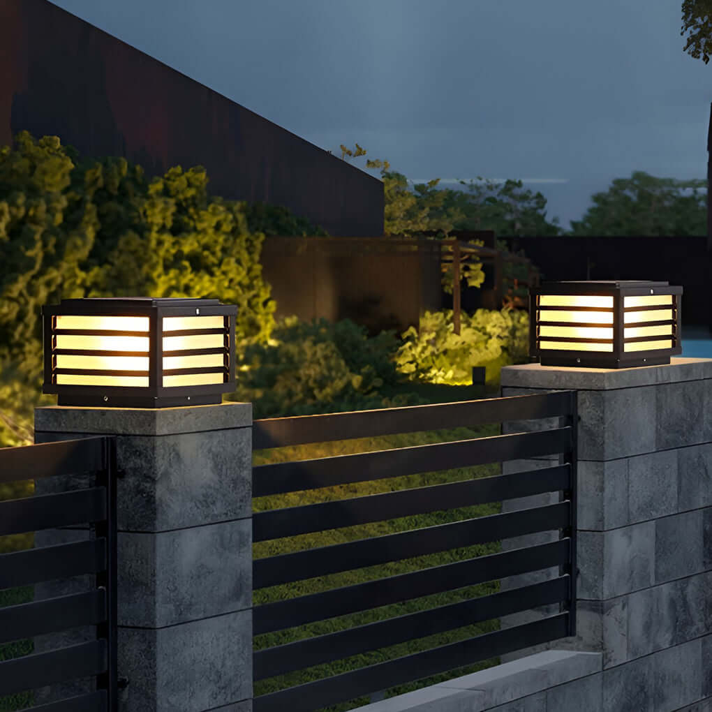 Black Gate Pillar Light, Square Grid LED Post Cap Lantern for Fences and Driveway Columns, Solar or Hardwired Power