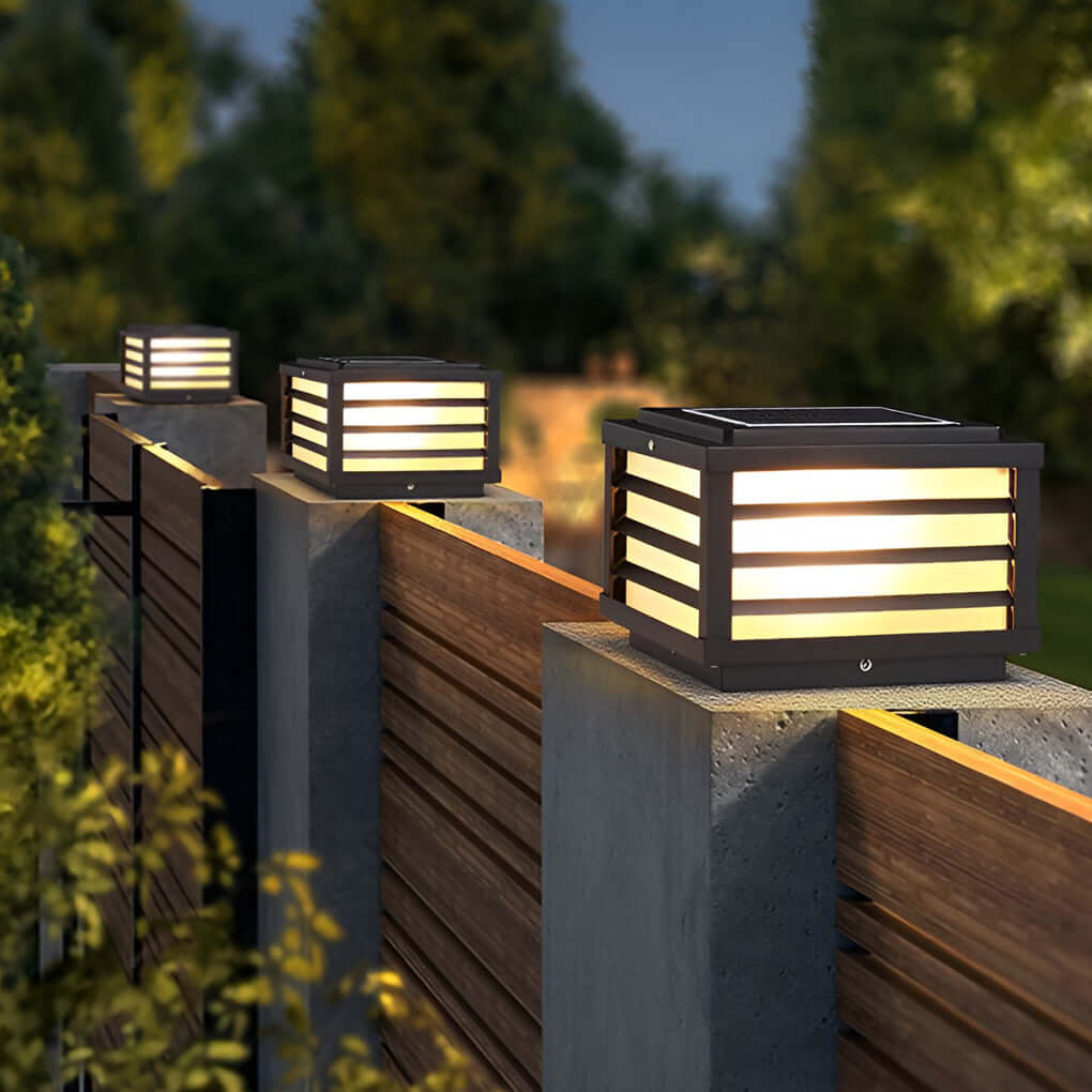Black Gate Pillar Light, Square Grid LED Post Cap Lantern for Fences and Driveway Columns, Solar or Hardwired Power