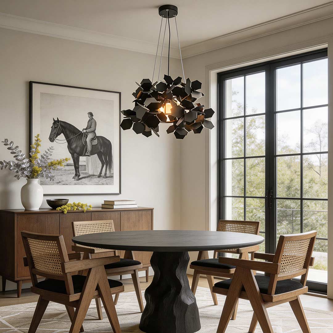 Black leaf design chandelier above a modern dining table