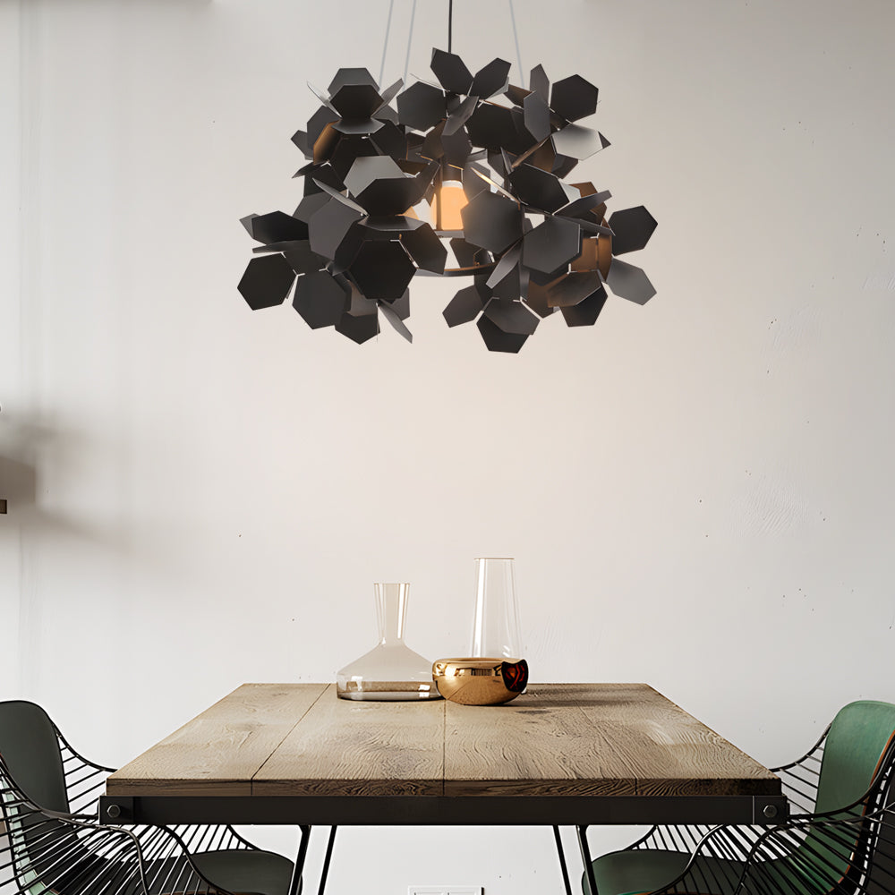 Black leaf chandelier in a contemporary space, alternative view
