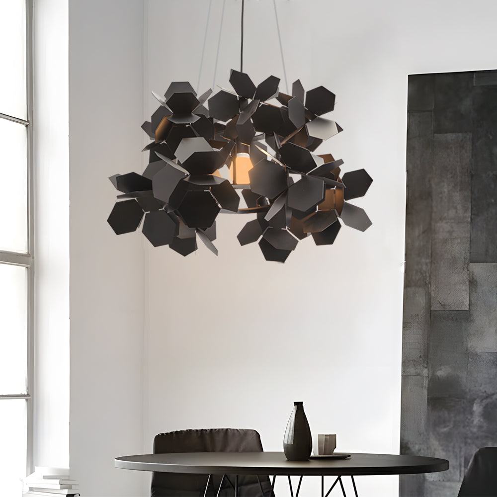 Black leaf chandelier hanging in a modern interior