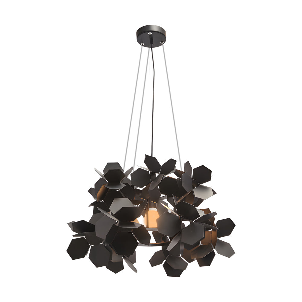 Black leaf chandelier hanging in a modern living area