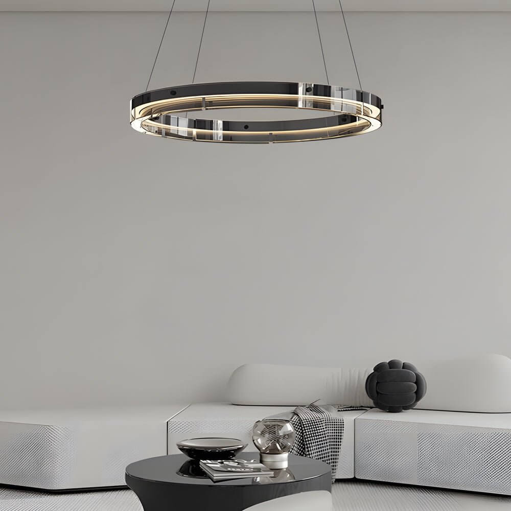 Black aluminum and glass LED ring pendant chandelier, main product view
