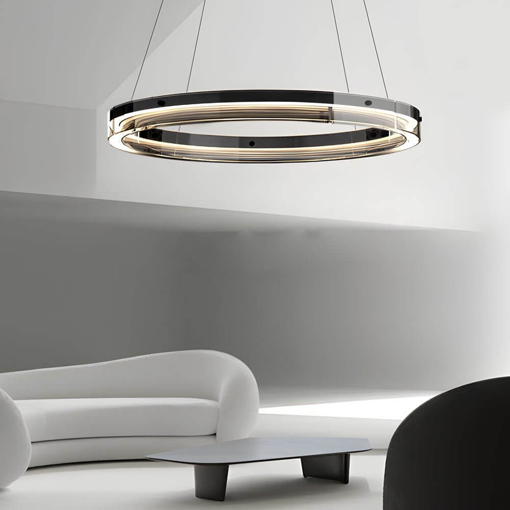 Black aluminum and glass LED ring pendant chandelier, fourth view