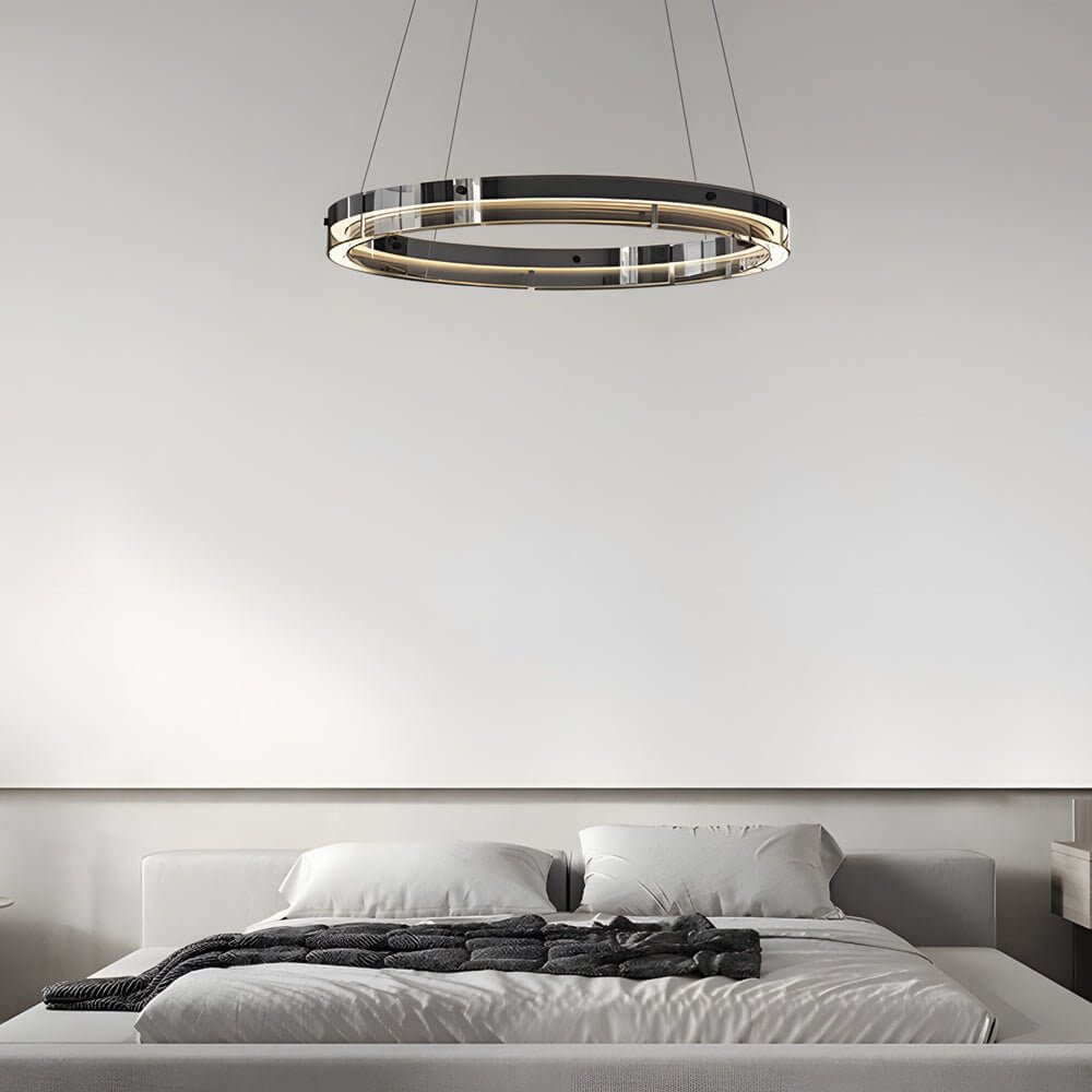 Black aluminum and glass LED ring pendant chandelier, fifth view