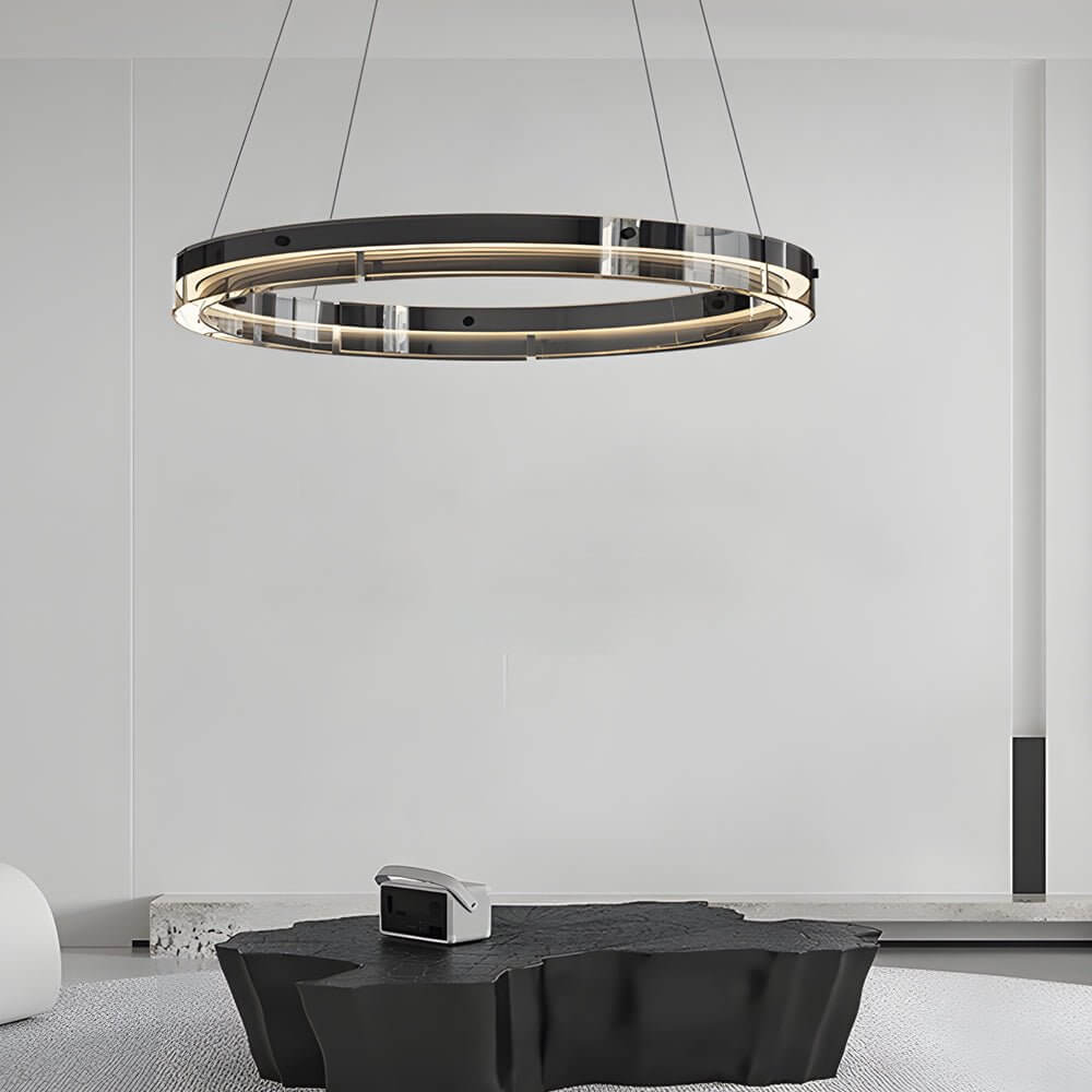 Black aluminum and glass LED ring pendant chandelier, second view