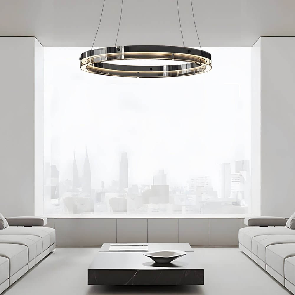 Black aluminum and glass LED ring pendant chandelier, third view