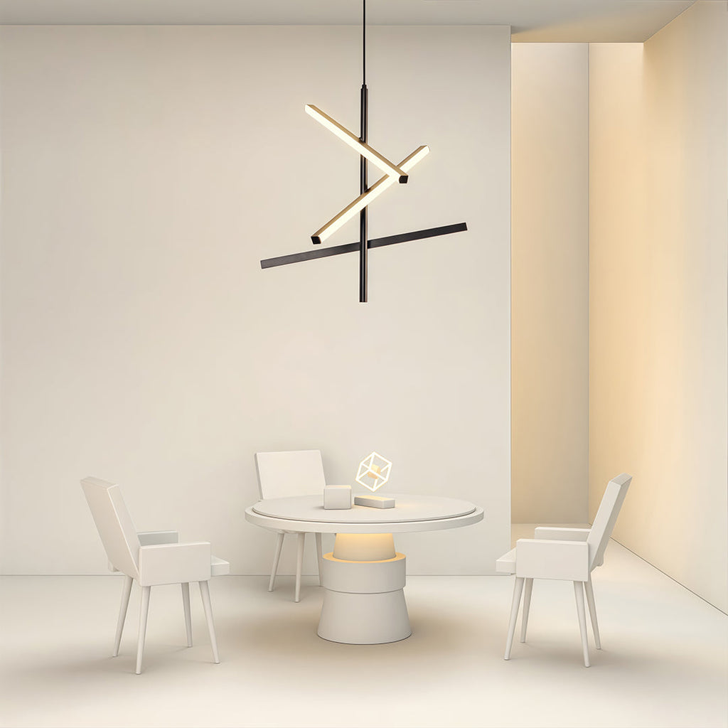Black iron chandelier as the focal point of a bright dining room