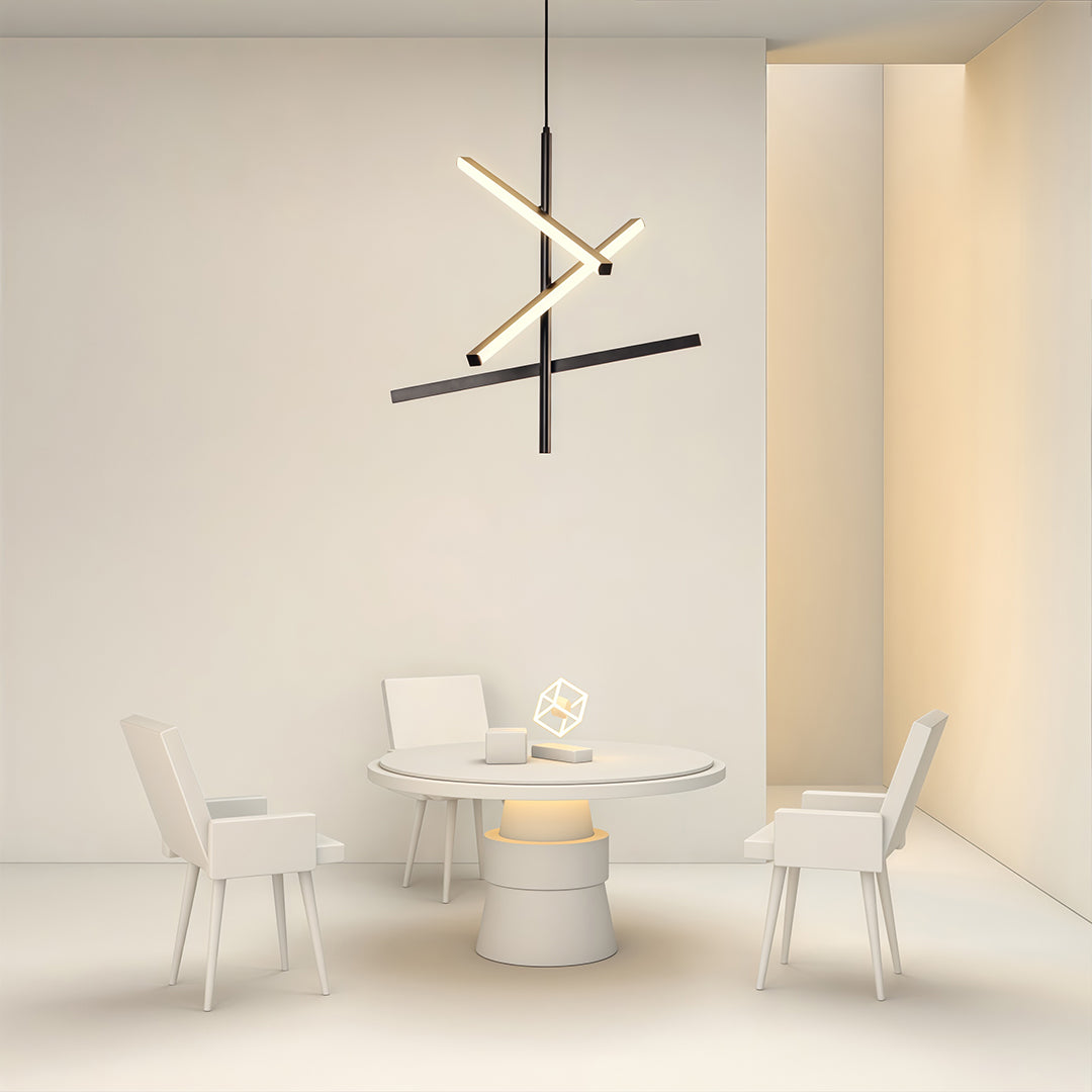 Black iron chandelier as the focal point of a bright dining room