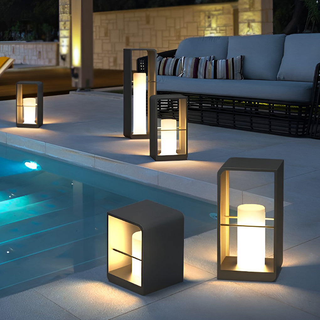 Black Outdoor Lantern, Rectangular Stainless Steel Frame Lamp with Wooden Base for Patios and Decks, Solar or Hardwired in Three Heights