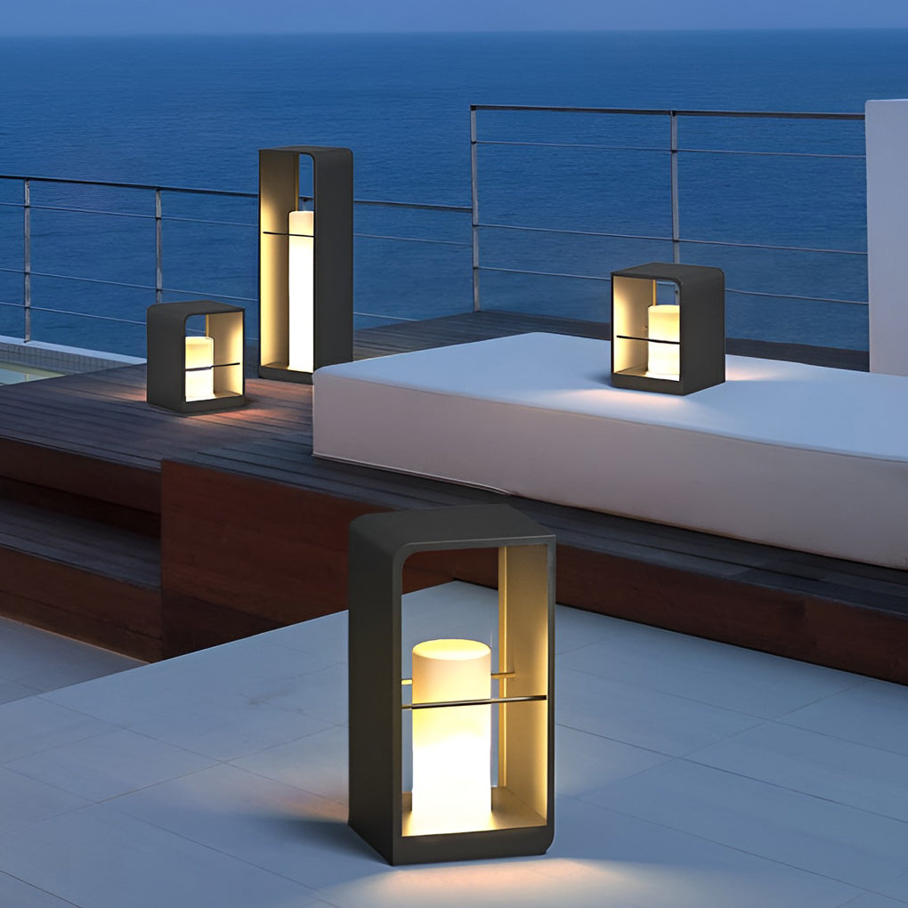 Black Outdoor Lantern, Rectangular Stainless Steel Frame Lamp with Wooden Base for Patios and Decks, Solar or Hardwired in Three Heights