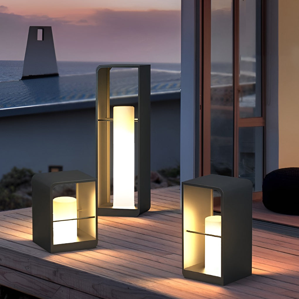 Black Outdoor Lantern, Rectangular Stainless Steel Frame Lamp with Wooden Base for Patios and Decks, Solar or Hardwired in Three Heights