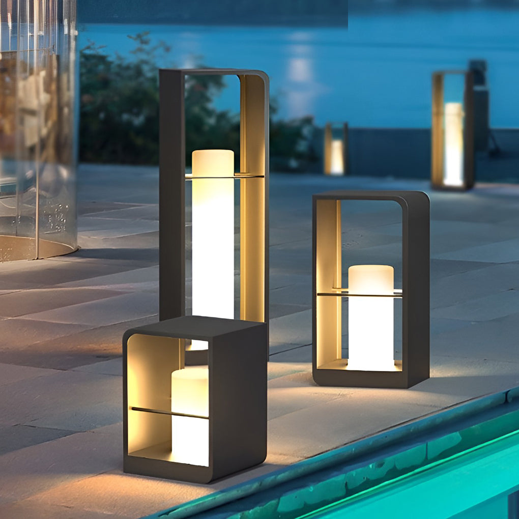 Black Outdoor Lantern, Rectangular Stainless Steel Frame Lamp with Wooden Base for Patios and Decks, Solar or Hardwired in Three Heights