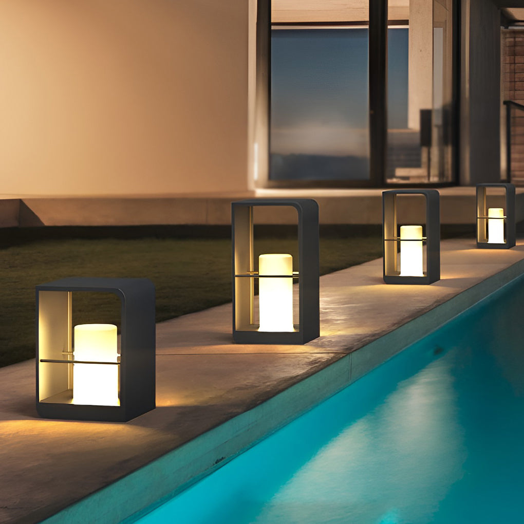 Black Outdoor Lantern, Rectangular Stainless Steel Frame Lamp with Wooden Base for Patios and Decks, Solar or Hardwired in Three Heights