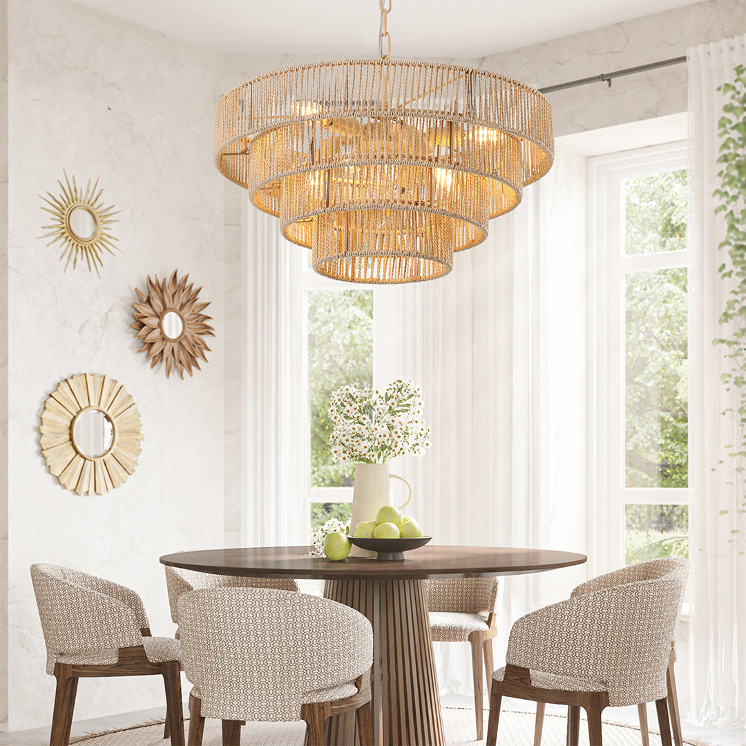 Japanese Chandelier, Iron and Jute Rope Zen Ceiling Light for Dining Room, 6 or 8 Lights