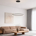 Black LED ring chandelier in a cozy beige living room