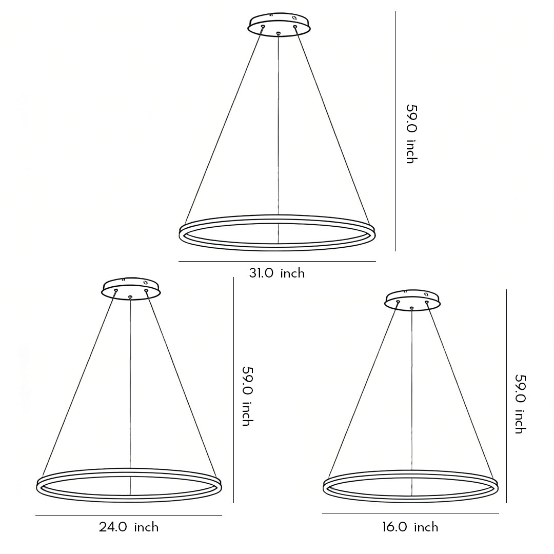 Modern LED Ring Chandelier, Round Halo Ceiling Light for Dining Room and Bedroom, Dimmable Aluminum Circle Pendant in 16, 24 or 31 Inch
