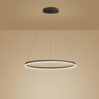 Black LED ring chandelier against a warm toned background