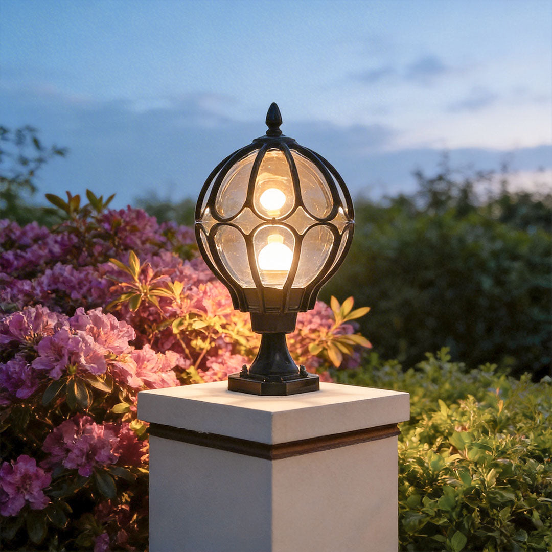 Globe Pillar Post Light, Retro Glass and Metal Fence Post Lantern for Gate Piers and Garden Columns, Black or Bronze in Three Sizes