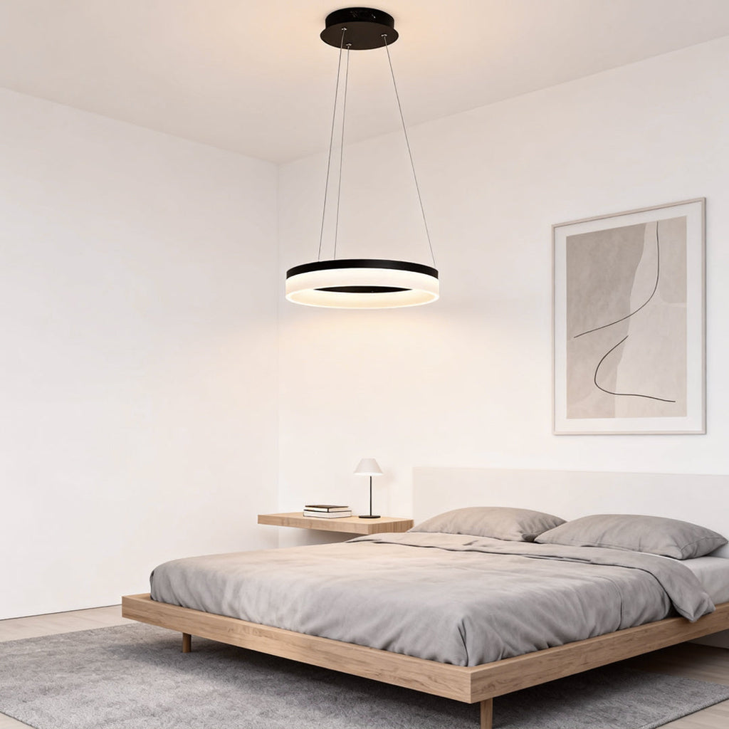 Ring Pendant Light, Modern Aluminum and Acrylic LED Halo Ceiling Lamp for Dining and Living Rooms, Warm, Cool, or Dimmable Modes