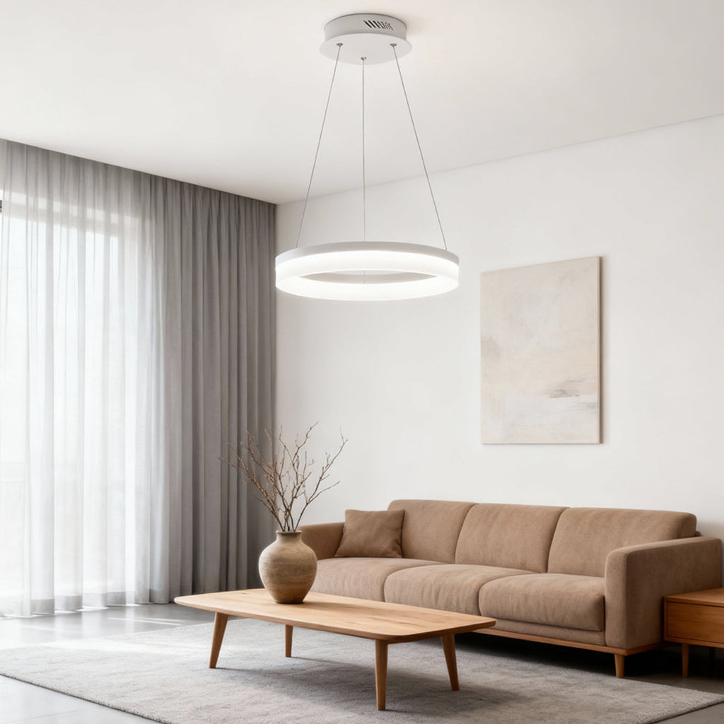 Ring Pendant Light, Modern Aluminum and Acrylic LED Halo Ceiling Lamp for Dining and Living Rooms, Warm, Cool, or Dimmable Modes