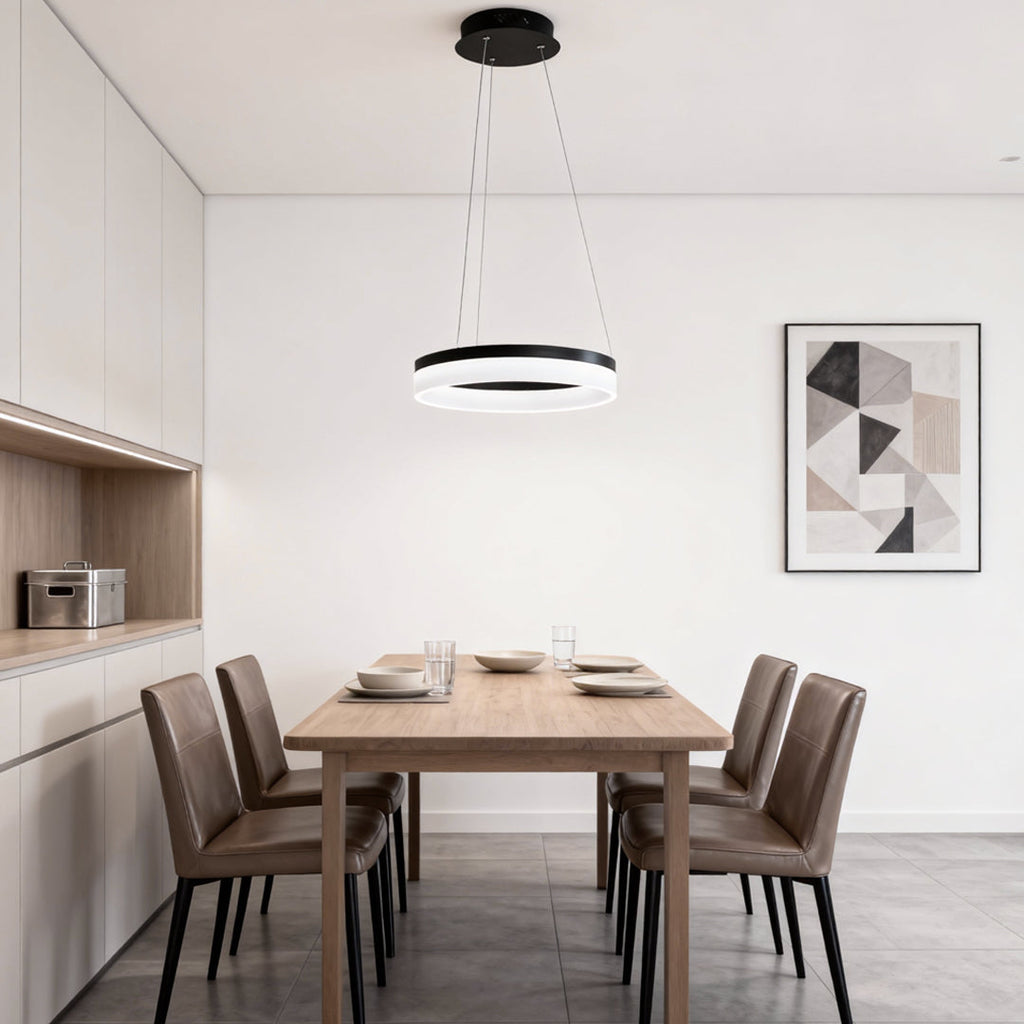 Ring Pendant Light, Modern Aluminum and Acrylic LED Halo Ceiling Lamp for Dining and Living Rooms, Warm, Cool, or Dimmable Modes