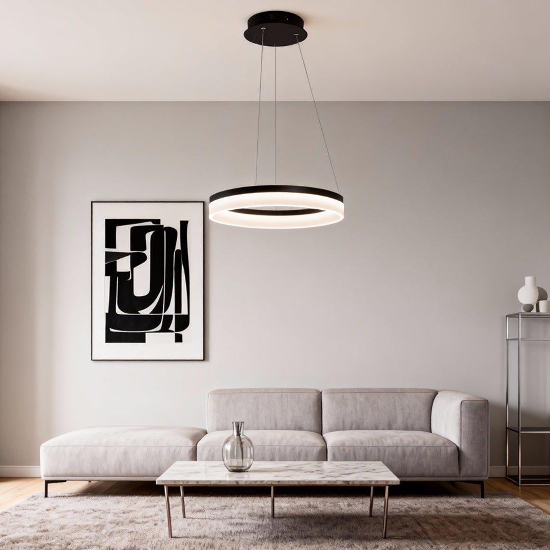 Ring Pendant Light, Modern Aluminum and Acrylic LED Halo Ceiling Lamp for Dining and Living Rooms, Warm, Cool, or Dimmable Modes