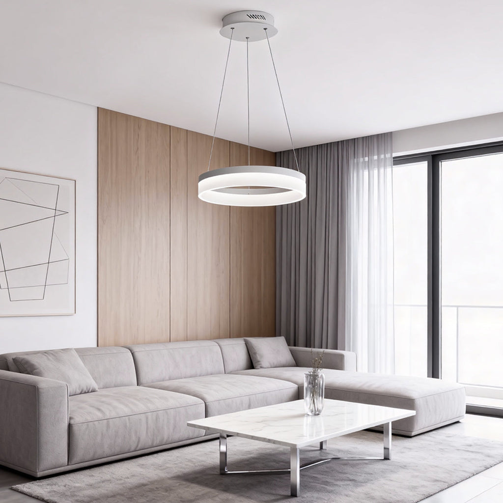 Ring Pendant Light, Modern Aluminum and Acrylic LED Halo Ceiling Lamp for Dining and Living Rooms, Warm, Cool, or Dimmable Modes