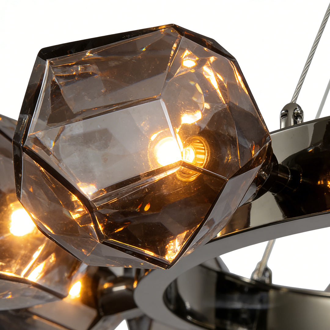 Round Chandelier, Black Metal and Clear Glass Ring Ceiling Light for Entryway, Adjustable Cord