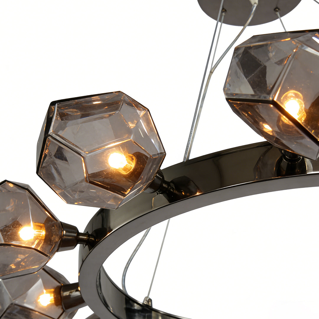 Round Chandelier, Black Metal and Clear Glass Ring Ceiling Light for Entryway, Adjustable Cord