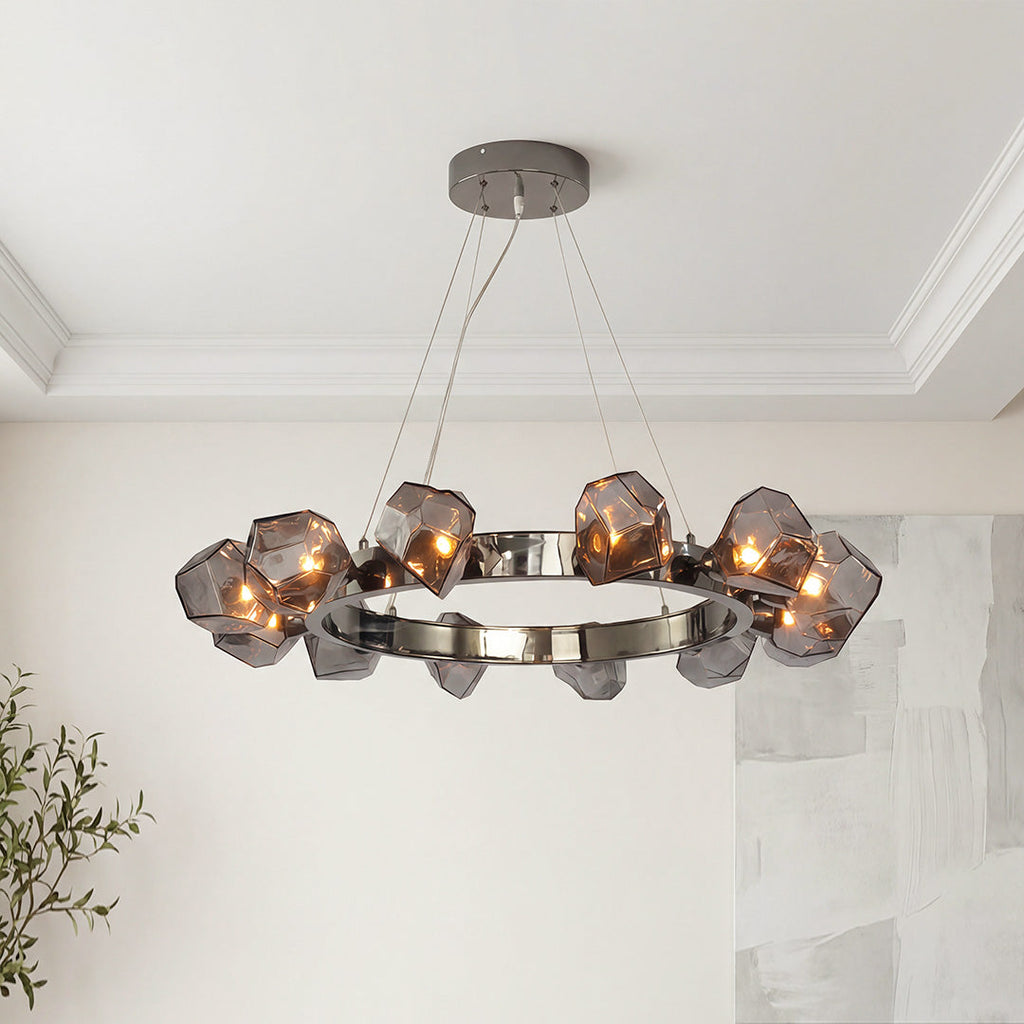 Round Chandelier, Black Metal and Clear Glass Ring Ceiling Light for Entryway, Adjustable Cord