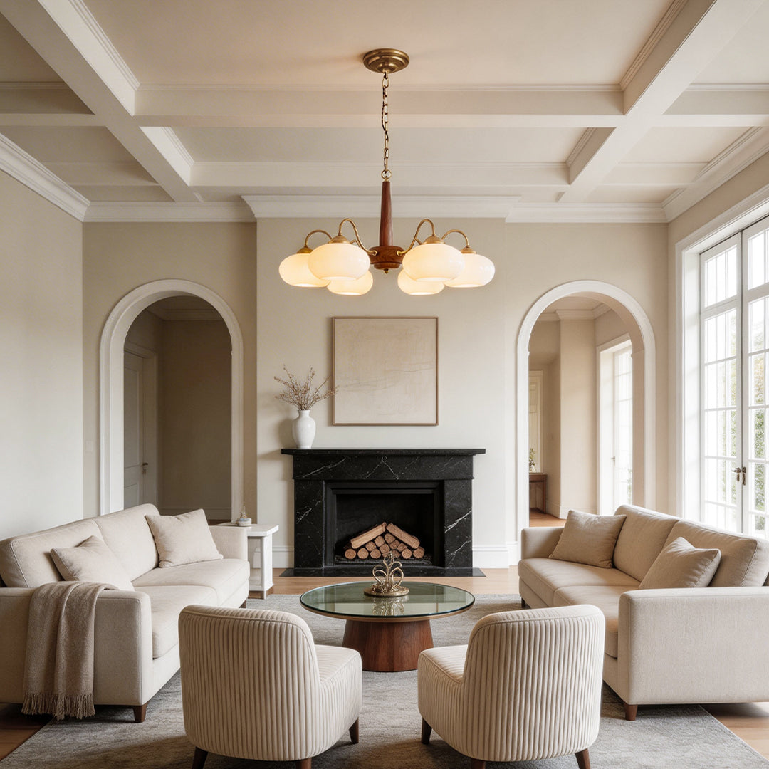 Walnut and brass chandelier in a contemporary living room