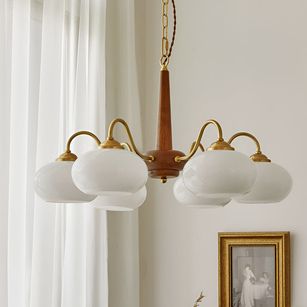 Walnut and brass chandelier in a vintage themed room