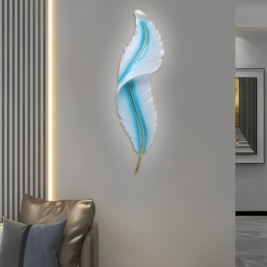 Blue feather wall light mounted on a modern hallway wall